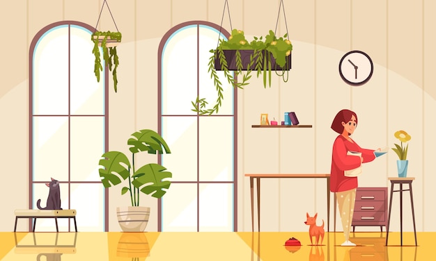 Interior with home plants and woman watering flowers in vase flat illustration