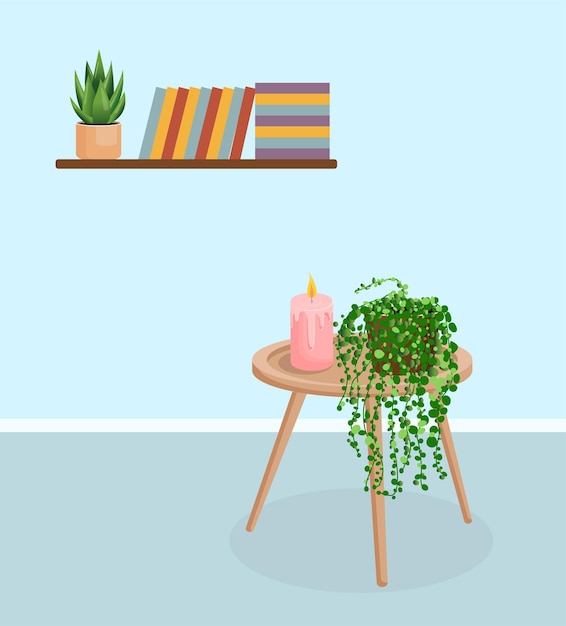 Interior with plants coffee table and bookshelf Vector illustration of house elements Cartoon style