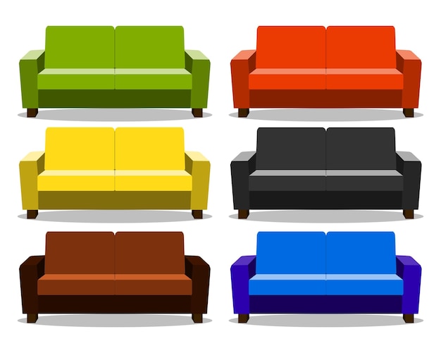 Interior with realistic set sofa lounge settee couch ottoman icon couch realistic cartoon isolated on white background Objects for interior design Vector Illustration