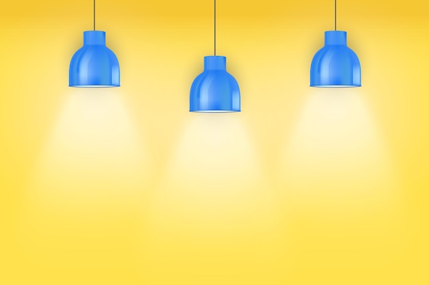 Interior of yellow wall with blue vintage pedant lamps.