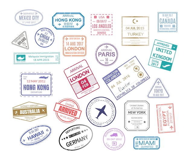 International arrival visa stamps vector set with Paris, London, Mexico, Hawaii, United kingdom