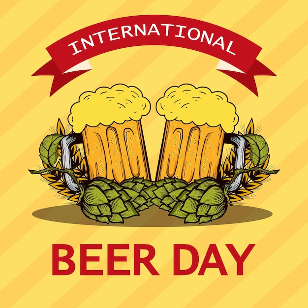 International beer day illustration with wheat hops and beer glasses