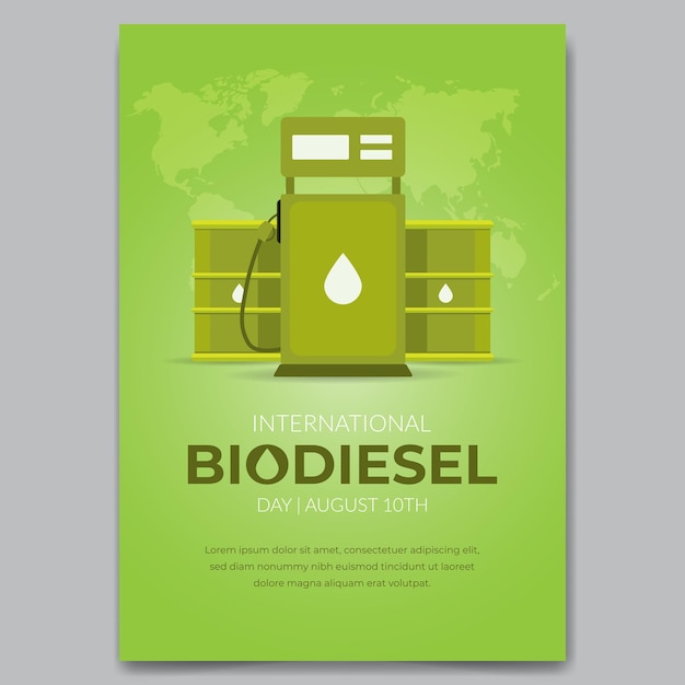 Vector international biodiesel day august 10th with fuel pump and barrels green tone poster illustration