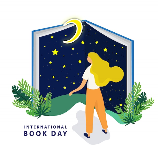 Vector international book day with big night book