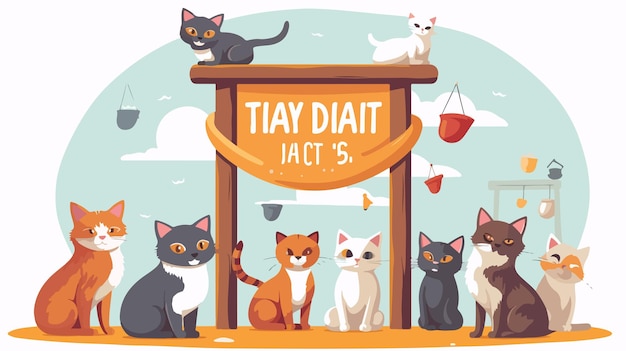 Vector international cat day banner with cute kittens at scratch post