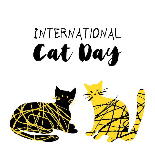 International Cat Day illustration with textured cute cats in yellow black color