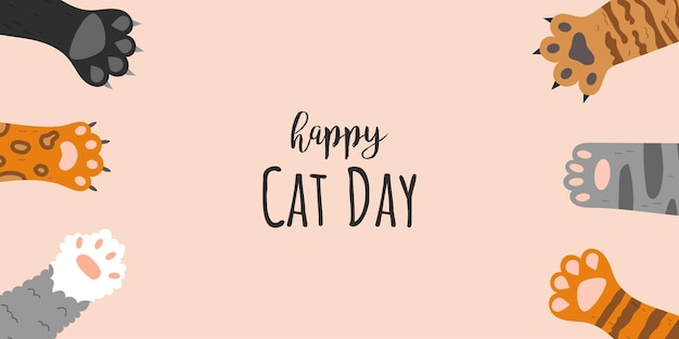 Vector international cat day vector poster cute cat paws domestic animal happy cats day holiday