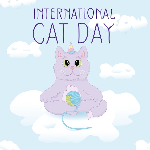 International cat day Violet cat with corn sitting on the cloud in the blue sky with clew