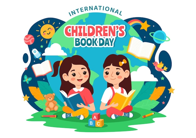 International Children Book Day Vector Illustration on 2 April with Kids Reading a Books and Globe