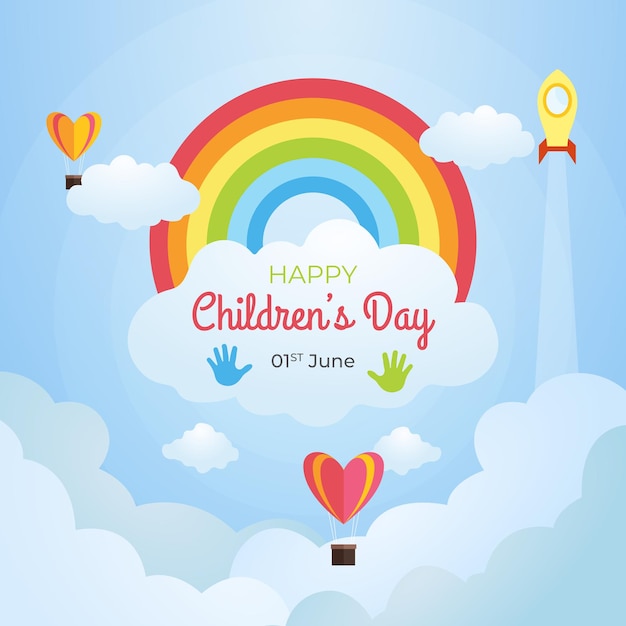 International Childrens Day illustration with rainbow air balloon and clouds on blue sky background