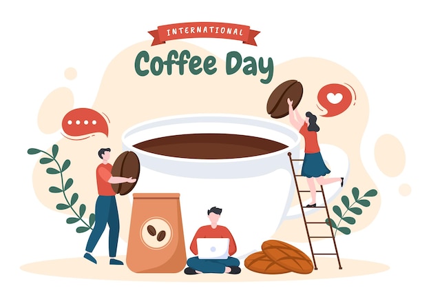 International Coffee Day on 1st October Hand Drawn Cartoon Flat Illustration