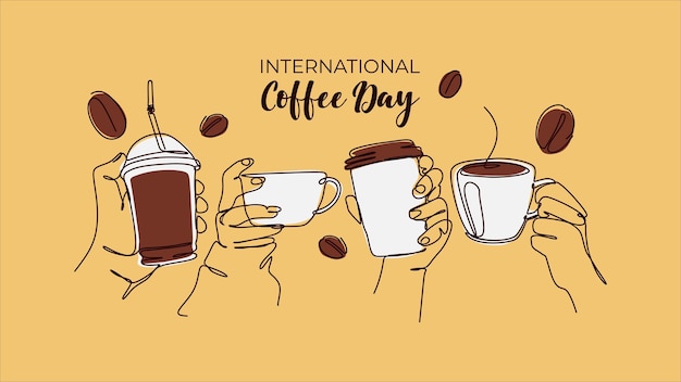 international coffee day background design with one continuous line drawing style hands hold coffee