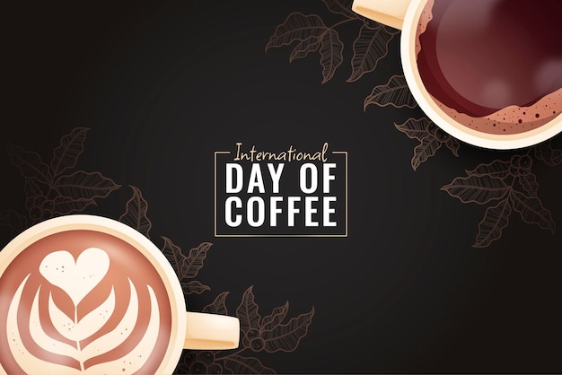 International coffee day background with coffee mugs in top view