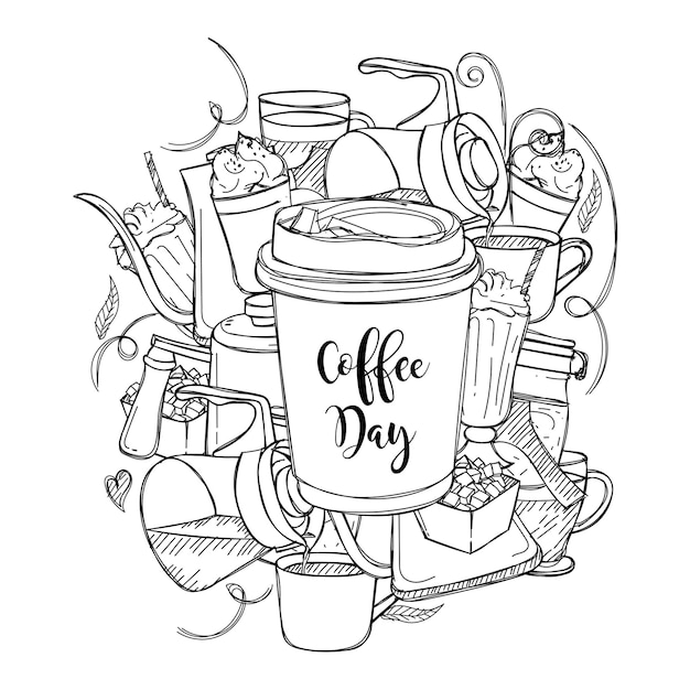 International coffee day campaign in doodle art of coffee design