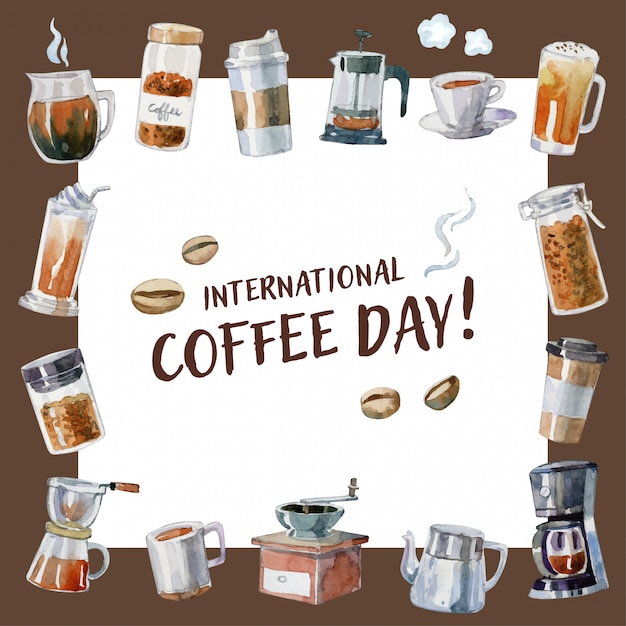 “International Coffee Day” card with Hand drawn watercolor coffee elements