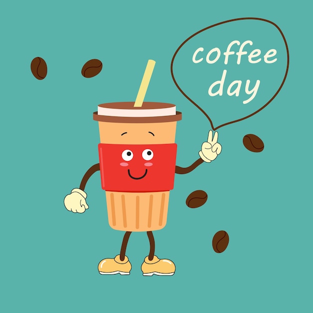 Vector international coffee day graphic illustration with cute coffee cup character and greeting text