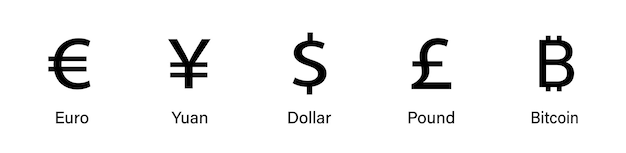 International currency symbol icons Money kind icons Currency symbols Euro dollar Pound Yuan Bitcoin Vector graphic