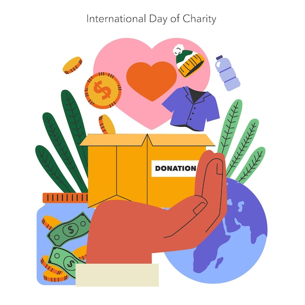 International day of charity concept illustration of generous donations worldwide symbolized with a