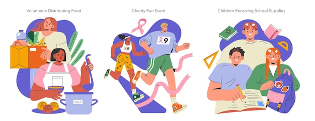 International day of charity set illustration of food distribution charity run and kids with school