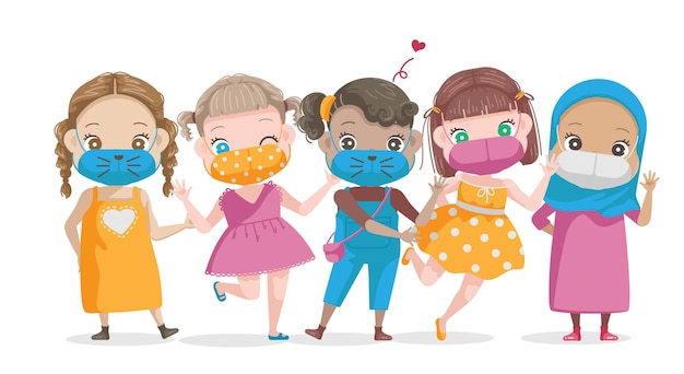 International day of the girl child Little girls mask group of diverse nationalities and religion