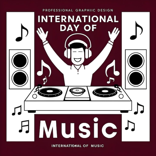 Vector international day of music a maroon background dj playing music on a turntable with two speakers