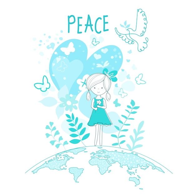 International Day of Peace Bird globe flowers heart continuous drawing Concept of love peace and