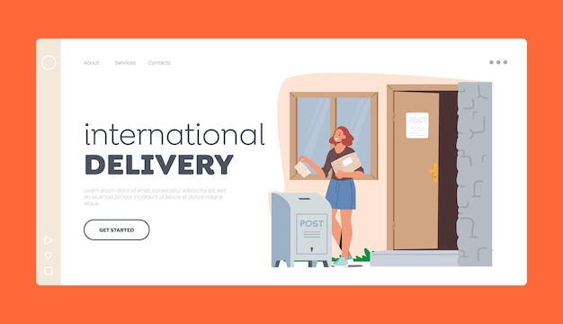 International Delivery Landing Page Template Postal And Shipment Service Girl Character throw Envelope in Box