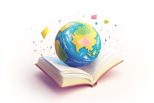 Vector international education concept stack of books with earth globe 3d rendering isolated on white ba