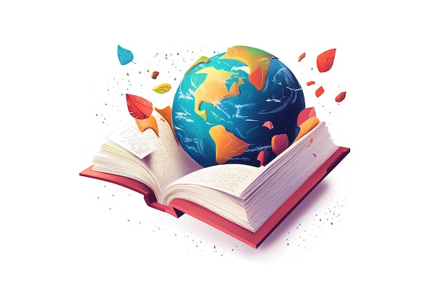 Vector international education concept stack of books with earth globe 3d rendering isolated on white ba