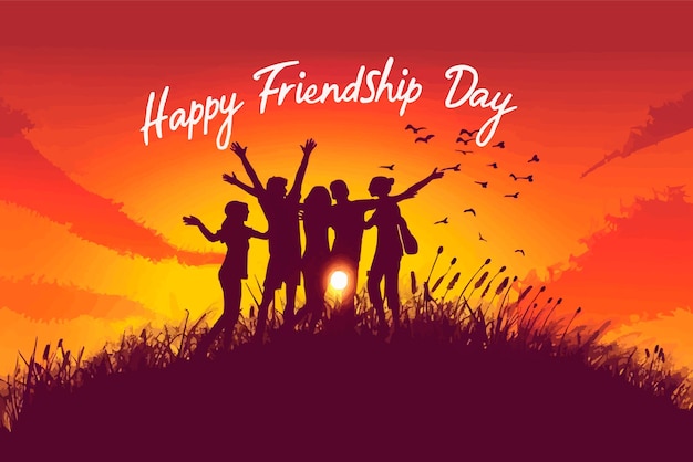 International Friendship Day man and women silhouette with sunset vector background design