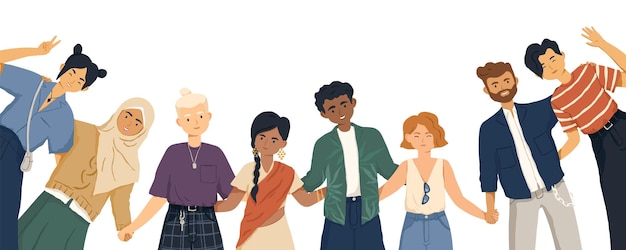 Vector international friendship flat vector illustration. young diverse people group standing together cartoon characters. multiethnic unity and peace concept. diversity and social togetherness idea.