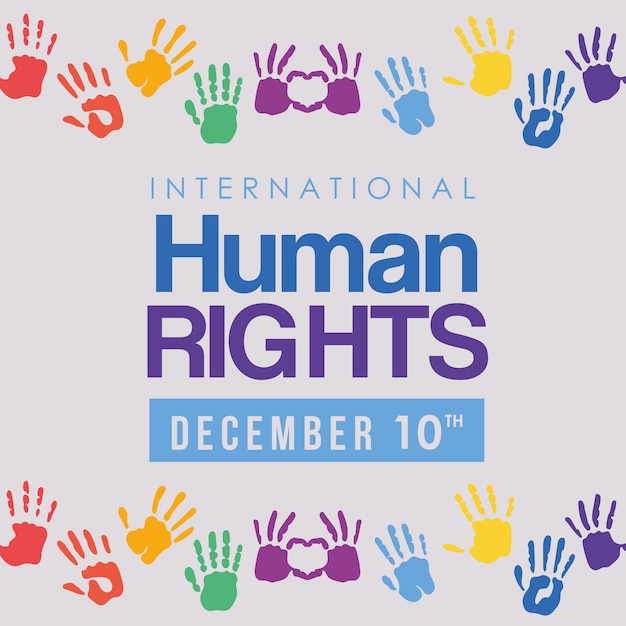 International human rights and multicolored hands prints design, december 10 theme.