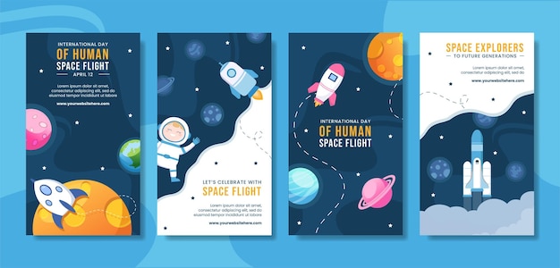 International Human Space Flight Day Social Media Stories Cartoon Hand Drawn Templates Illustration