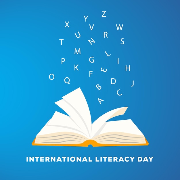 International literacy day banner with opened book and flying alphabet