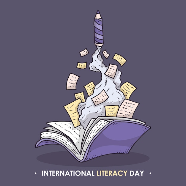 International literacy day illustration with the book and pencil rocket