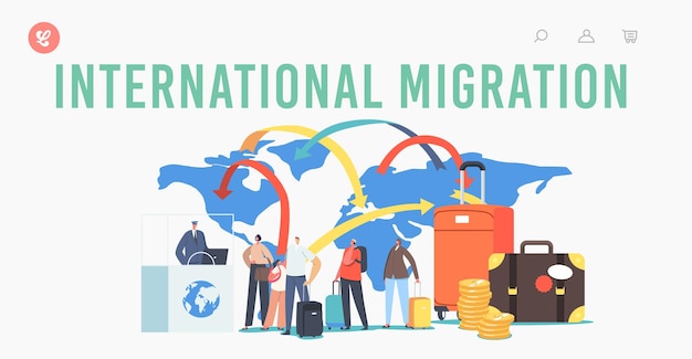 International Migration Landing Page Template. Characters Legal World Immigration. Travelers and Tourists Make Document for Leaving Country and Traveling Abroad. Cartoon People Vector Illustration