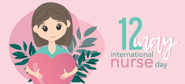 International nurse day 12 may Happy female nurse in uniform Pink and mint colors Banner with lettering Hold big heart in hands