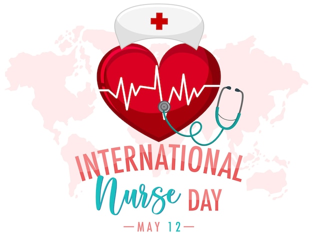 International Nurse Day logo with big heart and nurse's cap on world map background