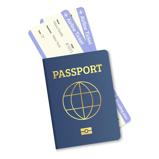 International passport with plane tickets realistic vector travel citizenship document