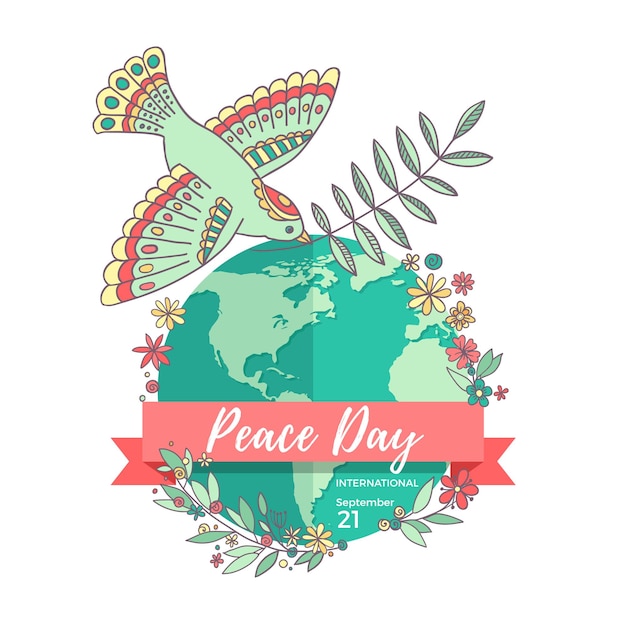 International Peace Day 21 september Peace dove with olive branch over the planet covered flowers