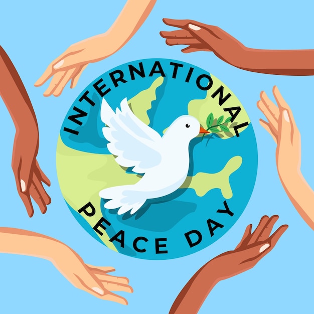 International peace day illustration with hands dove and earth