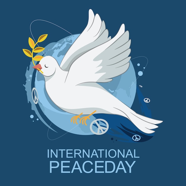 International Peace Day logo or banner with white dove on the world and olive branches illustration