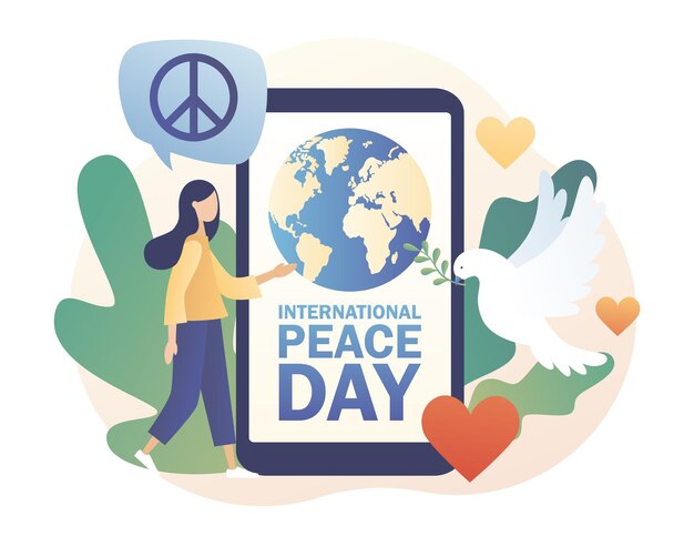 Vector international peace day text on smartphone screen globe white pigeon and hippie sign as a peace