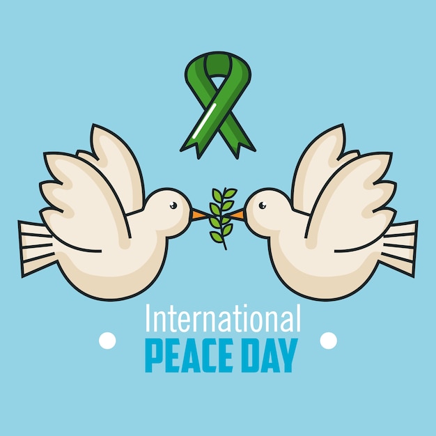 International peace day two dove flying and branch olive