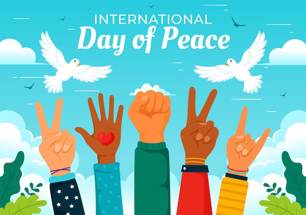 Vector international peace day vector illustration with hands pigeon globe and blue sky to promote prosperity in the world in a flat cartoon background