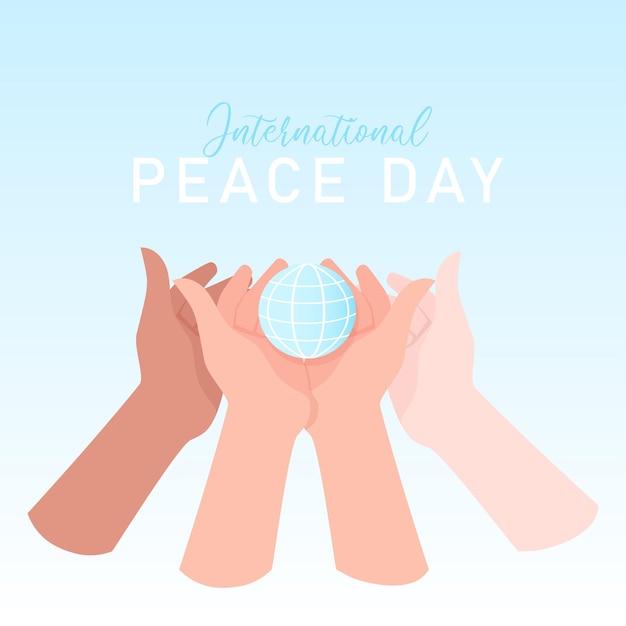 International peace day Women's hands of different skin colors hold a blue planet