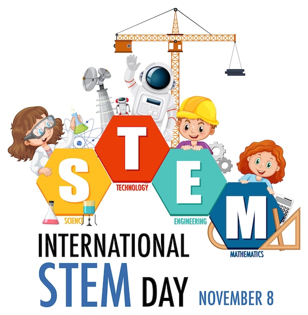 International STEM Day banner with kids cartoon character