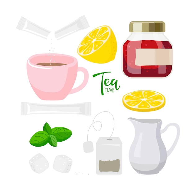 International Tea Day lettering Cups of tea mint lemon jam sugar creamer teabag