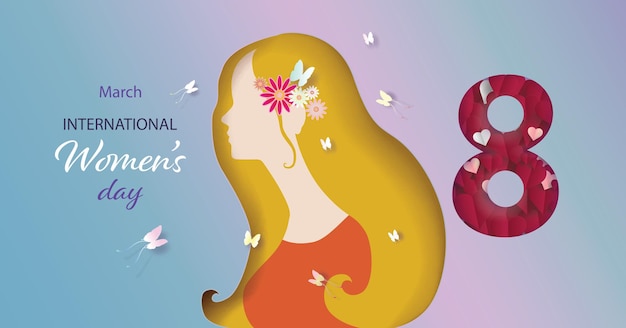 International Women's Day 8 march with butterfly and flowers Happy Women Day holiday illustration