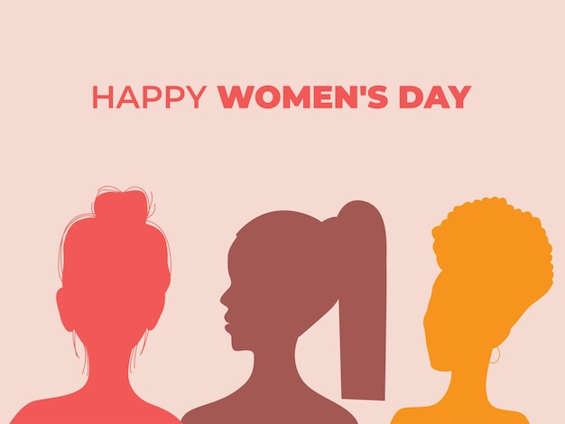 International women's day card. 8 march. Various women standing together. Colorful women silhouettes